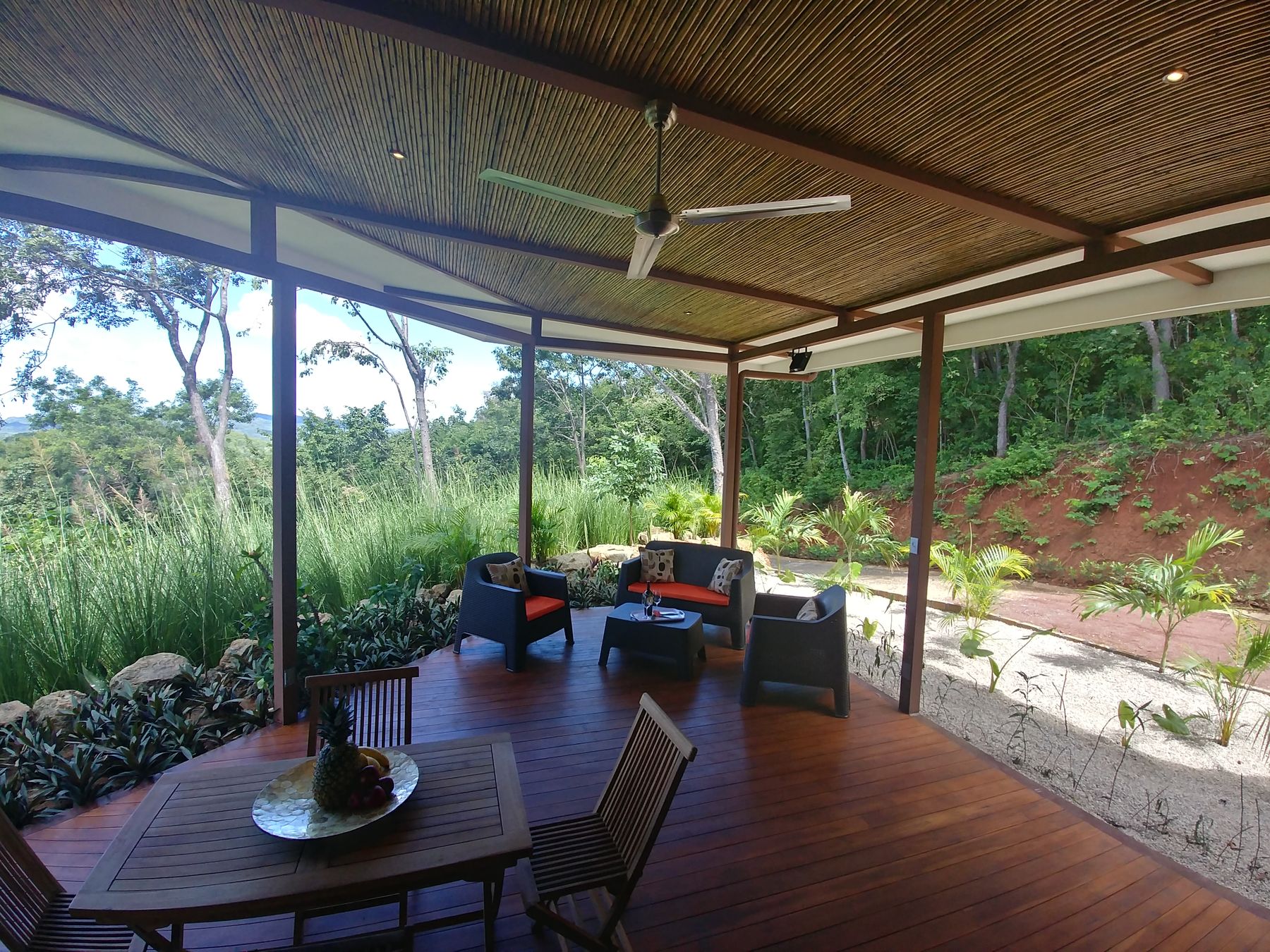 Back patio looking out over the treetops toward the hills